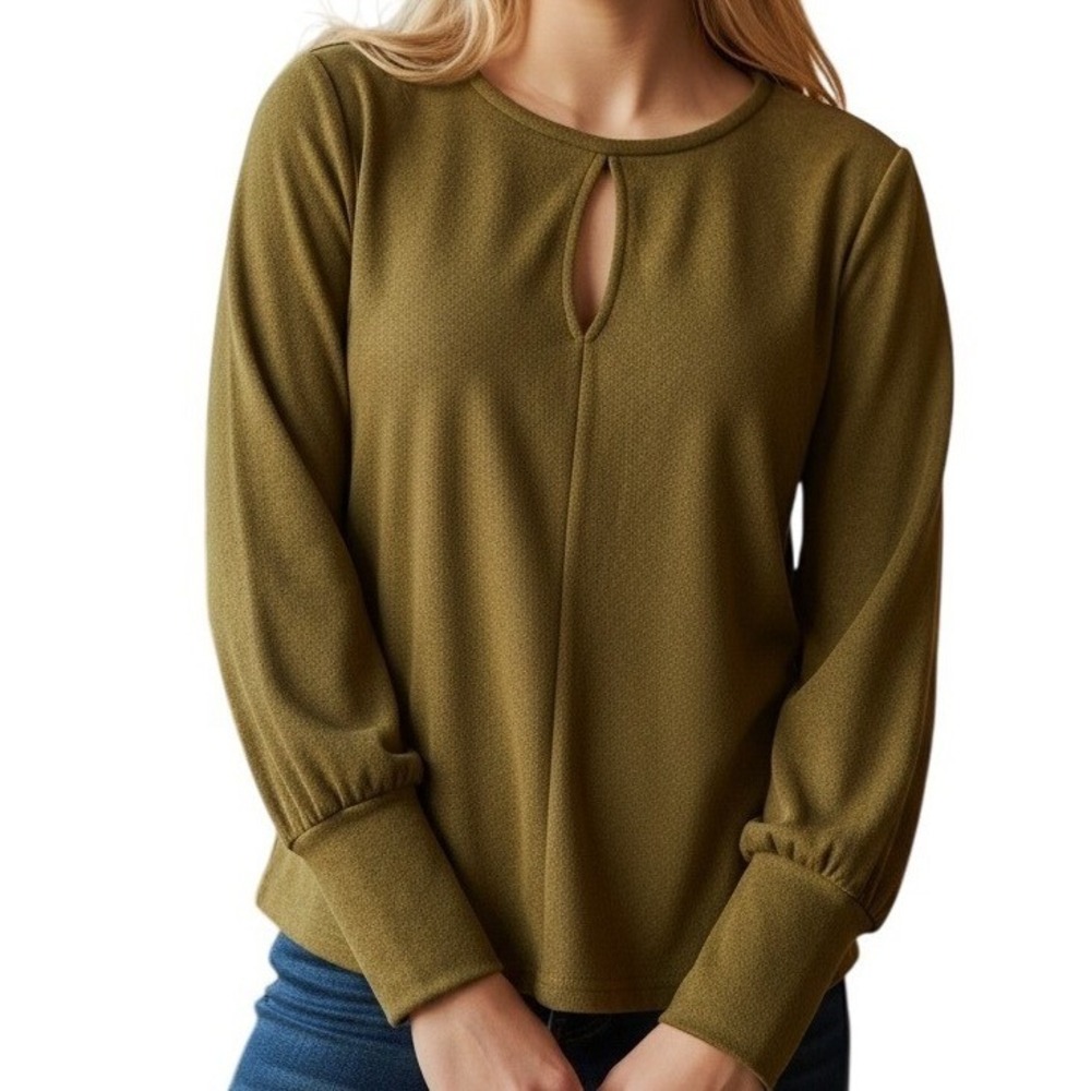 WALTER BAKER Aliva Olive Green‎ Puff Sleeve Keyhole Crew Neck Blouse NWOT L